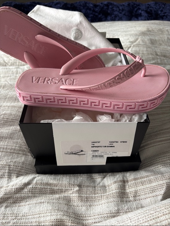 Versace Shoes - Versace Pink Platform Greek Key Logo Flip Flops